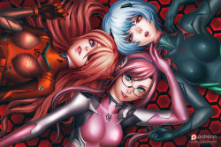 Rule 34 | 10s, 3girls, ayanami rei, blue eyes, blue hair, bodysuit, brown hair, evangelion: 3.0 you can (not) redo, eyepatch, glasses, green eyes, hair ornament, hairband, honeycomb (pattern), honeycomb background, honeycomb pattern, jesika barinque, lips, long hair, looking at viewer, low twintails, lying, makinami mari illustrious, multiple girls, neon genesis evangelion, on back, open mouth, parted lips, plugsuit, rebuild of evangelion, red background, red eyes, round teeth, sakuyasworld, short hair, skin tight, smile, souryuu asuka langley, teeth, twintails, upper body