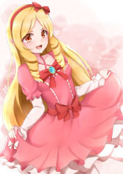 Rule 34 | 10s, 1girl, artist name, blonde hair, blush, bow, brown eyes, clothes lift, dress, dress lift, drill hair, eromanga sensei, frills, hairband, lolita fashion, long hair, looking at viewer, open mouth, pantyhose, pink dress, pointy ears, red bow, rokuuso, smile, solo, twin drills, yamada elf, yellow eyes
