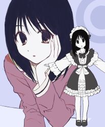 Rule 34 | 1girl, alternate costume, azumanga daiou, black eyes, black hair, commentary, dress, enmaided, etizojima, expressionless, frilled dress, frills, full body, head rest, highres, kasuga ayumu, lolita fashion, looking at viewer, maid, maid headdress, mary janes, medium hair, multiple views, outstretched arms, parted lips, school uniform, shoes, sketch, spread arms, upper body, wide sleeves