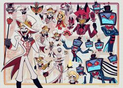 Rule 34 | 3girls, 6+boys, alastor (hazbin hotel), angel dust, animal ears, apple, black bow, black bowtie, black gloves, black hair, black headwear, black lips, black scales, black sclera, black skin, blonde hair, blush stickers, bow, bowtie, breasts, cat boy, charlie morningstar, circle facial mark, coat, colored sclera, colored skin, cross, cup, cyclops, deer boy, deer ears, demon, demon boy, demon girl, dress, drinking glass, eyeshadow, fangs, fangs out, father and daughter, food, formal, frown, fruit, furry, furry male, genre connection, gloves, gold teeth, grey hair, grey skin, grid background, grin, hair bow, hair over one eye, hat, hazbin hotel, head on table, heart-shaped eyebrows, highres, holding, husk (hazbin hotel), inverted cross, invisible table, isometric, jacket, lamia boy, long hair, looking at viewer, lucifer morningstar (hazbin hotel), makeup, microphone, mismatched sclera, momochi (bmbmomomo), monocle chain, monster boy, monster girl, multi-tied hair, multicolored hair, multiple boys, multiple girls, niffty (hazbin hotel), object head, one-eyed, open mouth, pale skin, pink sclera, pinstripe pattern, pinstripe suit, purple eyeshadow, red bow, red bowtie, red eyes, red hair, red sclera, red suit, sharp teeth, shirt, short hair, shot glass, signal bar, sir pentious, small breasts, smile, snake, solid eye, spider boy, striped clothes, striped coat, striped jacket, striped vest, suit, teeth, traditional bowtie, tuxedo, two-tone fur, two-tone hat, vaggie, vertical-striped clothes, vertical-striped jacket, vertical-striped vest, very long hair, vest, vintage microphone, vox (hazbin hotel), white fur, white headwear, white suit, yellow eyes, yellow scales, yellow sclera, yellow teeth