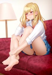 Rule 34 | 1girl, absurdres, bare legs, barefoot, black choker, black panties, blonde hair, blue skirt, blush, choker, commentary, couch, crossed ankles, ear piercing, feet, female focus, full body, gradient hair, hand in own hair, hand up, highres, indoors, jewelry, kairunoburogu, kitagawa marin, lamp, legs, long hair, looking away, multicolored hair, nail polish, panties, pantyshot, piercing, pink hair, pink nails, plaid, plaid skirt, pleated skirt, red eyes, ring, shirt, sitting, skirt, sleeves rolled up, smile, solo, sono bisque doll wa koi wo suru, thighs, toes, underwear, white shirt