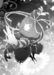 Rule 34 | 1girl, bad id, bad pixiv id, bow, danmaku, dress, female focus, foreshortening, frills, from behind, front ponytail, greyscale, hair bow, kagiyama hina, looking back, monochrome, outstretched arms, ribbon, solo, spread arms, torio k, torizousui, touhou