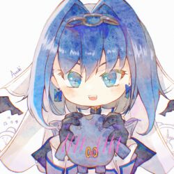 Rule 34 | 1girl, :d, asashi kaede, black gloves, blue eyes, blue hair, blush, bow, bow earrings, chain, chain headband, chibi, commentary, creature, earrings, fangs, frilled sleeves, frills, gloves, headband, holding, holding creature, hololive, hololive english, jewelry, kronie (ouro kronii), open mouth, ouro kronii, ouro kronii (1st costume), short hair, smile, solo focus, upper body, virtual youtuber, watercolor effect, white veil