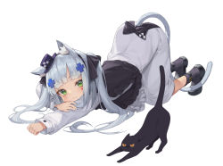 Rule 34 | 1girl, absurdres, animal, animal ears, black bow, black cat, black footwear, black hat, black ribbon, black socks, blunt bangs, blush, bow, buckle, cat, cat ears, cat girl, cat stretch, cat tail, closed mouth, dress, facial mark, fedora, full body, girls&#039; frontline, green eyes, grey dress, hair ribbon, hat, highres, hk416 (black kitty&#039;s gift) (girls&#039; frontline), hk416 (girls&#039; frontline), kemonomimi mode, looking at viewer, mini hat, mokew, official alternate costume, ribbon, shoes, silver hair, simple background, smile, socks, solo, stretching, tail, top-down bottom-up, twintails, white background