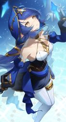 Rule 34 | 1girl, arm up, bare shoulders, black gloves, blue hair, blue hood, blue sleeves, breasts, detached sleeves, drill hair, foot out of frame, genshin impact, gloves, glowing, gold trim, highres, hood, hood up, jewelry, juliet sleeves, layla (genshin impact), long hair, long sleeves, looking up, mamima, medium breasts, neck ring, pants, parted lips, puffy sleeves, ringlets, solo, sparkle, standing, thighlet, very long hair, white pants, yellow eyes