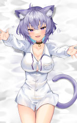 Rule 34 | 1girl, absurdres, animal ear fluff, animal ears, bed sheet, black collar, breasts, button gap, cat ears, cat tail, cleavage, collar, collarbone, commentary request, fang, heart, highres, hololive, large breasts, long sleeves, looking at viewer, lying, meteor (yamashou), nekomata okayu, nekomata okayu (oversized shirt), on back, open mouth, purple eyes, purple hair, shirt, smile, solo, tail, thighs, virtual youtuber, white shirt