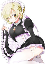 Rule 34 | 1girl, apron, azur lane, black dress, blonde hair, braid, breasts, closed mouth, clothes lift, cross, dress, dress lift, fingernails, garter straps, glint, hair over one eye, hidaka0503, juliet sleeves, lifted by self, long sleeves, looking at viewer, maid, maid apron, maid headdress, medium breasts, orange eyes, puffy sleeves, sheffield (azur lane), short hair, simple background, solo, sparkle, thighhighs, waist apron, white apron, white background, white thighhighs, zettai ryouiki