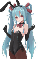 Rule 34 | 1girl, animal ears, apron, aqua hair, bare shoulders, beatmania, beatmania iidx, black leotard, black pantyhose, blush, bow, bowtie, detached collar, ear blush, fake animal ears, fake tail, hair rings, highres, leotard, long hair, looking at viewer, maud, maud0239, pantyhose, parted lips, playboy bunny, rabbit ears, rabbit tail, red bow, red bowtie, red eyes, simple background, skin tight, solo, strapless, strapless leotard, surprised, tail, twintails, very long hair, waist apron, white background, wing collar