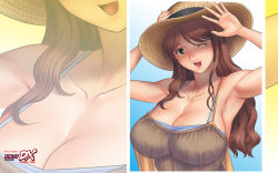 Rule 34 | 1girl, action pizazz, arm up, armpits, breasts, brown eyes, brown hair, camisole, cleavage, dress, hat, highres, large breasts, logo, long hair, official art, official wallpaper, one eye closed, open mouth, saigado, solo, straw hat, sundress, wallpaper, waving, wink, zoom layer