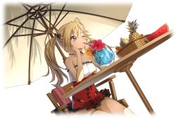 Rule 34 | 1girl, alternate hairstyle, artist request, bare shoulders, basket, beach umbrella, black choker, black ribbon, blonde hair, blue eyes, breasts, cherry, choker, code geass, code geass: lost stories, collarbone, cropped legs, cup, drink, drinking, drinking glass, drinking straw, dutch angle, female focus, flower, food, frilled one-piece swimsuit, frills, fruit, game cg, hair between eyes, hair ribbon, hibiscus, highres, hot, ice, ice cube, lila la britannia, long hair, looking afar, melon, non-web source, official art, on chair, one-piece swimsuit, one eye closed, orange (fruit), orange slice, red flower, red one-piece swimsuit, ribbon, sidelocks, sitting, small breasts, solo, strapless, strapless one-piece swimsuit, sweat, swimsuit, table, thigh strap, towel, transparent background, twintails, umbrella, watermelon, watermelon slice