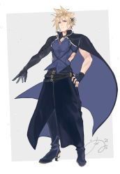 Rule 34 | absurdres, alternate costume, asymmetrical gloves, belt, black cape, black footwear, black gloves, blonde hair, blue eyes, blue shirt, boots, border, cape, cloud strife, earrings, final fantasy, final fantasy vii, final fantasy vii remake, fingerless gloves, full body, g meta0w0, gloves, grey background, hand on own hip, high collar, high heel boots, high heels, highres, jewelry, looking at viewer, male focus, multiple belts, muscular, muscular male, outstretched arm, parted lips, shirt, short hair, signature, spiked hair, standing, waist cape