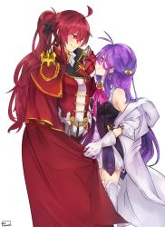 Rule 34 | 2girls, aether sage (elsword), aisha landar, antenna hair, artist name, bare shoulders, blouse, boots, cape, elesis (elsword), elsword, empire sword (elsword), gloves, gomiyama, hair ornament, highres, long hair, looking at another, multiple girls, ponytail, purple eyes, purple hair, red cape, red eyes, red hair, shirt, sleeveless, sleeveless shirt, smile, thigh boots, thighhighs, very long hair, white background, white gloves, yuri