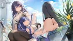 Rule 34 | 2girls, arm up, ass, azuma (azur lane), azur lane, black gloves, black hair, black panties, black pantyhose, black thighhighs, blue eyes, blue hair, blue sky, blush, bra visible through clothes, breasts, choyeon, closed mouth, clothing cutout, cloud, cloudy sky, collared shirt, copyright name, curtains, day, dress, flower, gloves, hair between eyes, hair flaps, high-waist skirt, horns, ibuki (azur lane), knees up, large breasts, long hair, multiple girls, neck ribbon, no shoes, official art, one eye closed, panties, pantyhose, parted lips, plant, ribbon, shirt, side cutout, sitting, skirt, sky, sword, thighhighs, thighs, underboob, underboob cutout, underwear, weapon, white dress, white flower, white ribbon, white shirt, yellow flower