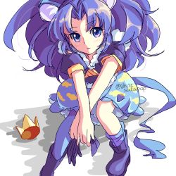 Rule 34 | 1girl, animal ears, asymmetrical legwear, big hair, blue eyes, blue hair, blush, boots, closed mouth, crossed arms, crown, unworn crown, cure gelato, expressionless, from above, kirakira precure a la mode, lion ears, long hair, looking at viewer, precure, ribbon, short sleeves, sitting, tategami aoi, uneven legwear, white background, yupo (yupo4069)
