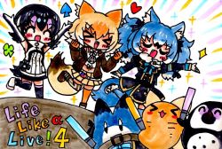 Rule 34 | black hair, coyopotato, coyote (kemono friends), dire wolf (kemono friends), elbow gloves, gloves, humboldt penguin (kemono friends), kemono friends, kemono friends v project, looking at viewer, lucky beast (kemono friends), microphone, multicolored hair, nejirome, short hair, tail, virtual youtuber