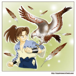 Rule 34 | 1boy, bird, brown hair, eagle, feathers, male focus, rakudai ninja rantarou, tyler, watermark, web address, yamada rikichi