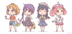 Rule 34 | &gt;:), 10s, 4girls, :&lt;, :3, :d, ahoge, akebono (kancolle), animal, animal on head, bag, bandaid, bandaid on face, bell, black dress, blush stickers, brown eyes, rabbit, rabbit hair ornament, camera, casual, chibi, commentary request, crab, crab on head, dress, earphones, earrings, closed eyes, eyewear on head, flower, full body, hair bell, hair bobbles, hair flower, hair ornament, hairclip, hand on own hip, handbag, hat, unworn hat, head tilt, unworn headwear, highres, jewelry, jingle bell, kantai collection, light brown hair, long hair, looking at viewer, looking away, multiple girls, oboro (kancolle), on head, open mouth, overall dress, overalls, pendant, pink eyes, pink hair, pori (poritan81), purple eyes, purple hair, sazanami (kancolle), short hair, shorts, side ponytail, simple background, smile, twintails, ushio (kancolle), v-shaped eyebrows, white background
