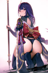Rule 34 | 1girl, 95---, :/, armor, ass, back tattoo, black panties, black thighhighs, blush, braid, breasts, bridal gauntlets, closed mouth, from behind, genshin impact, highres, holding, holding polearm, holding weapon, japanese clothes, kneeling, large breasts, long hair, looking back, low-braided long hair, low-tied long hair, mitsudomoe (shape), mole, mole under eye, no shoes, obi, panties, polearm, purple eyes, purple hair, raiden shogun, sash, shoulder armor, sitting, solo, tassel, tattoo, thighhighs, tomoe (symbol), underwear, very long hair, weapon