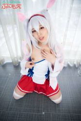 Rule 34 | 1boy, azur lane, cosplay, crossdressing, highres, laffey (azur lane), laffey (azur lane) (cosplay), long hair, looking at viewer, male focus, nipples, open mouth, photo (medium), silver hair, skirt, solo, trap
