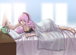Rule 34 | 1girl, ;(, alarm clock, bare shoulders, barefoot, bed, bed sheet, blue eyes, breasts, cleavage, clenched hand, clock, feet, female focus, hadairo rainbow, hairband, indoors, lens flare, long hair, megurine luka, nightgown, one eye closed, pig, pillow, pink hair, sleepy, solo, stuffed animal, stuffed toy, under covers, very long hair, vocaloid, wince, wink