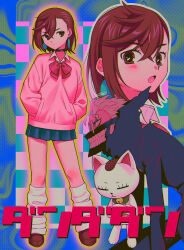 1boy 1girl absurdres ayase_momo bent_back black_choker black_coat blue_skirt blush bow bowtie brown_eyes brown_footwear brown_hair cat choker closed_mouth coat collared_shirt copyright_name covered_mouth crossed_bangs dandadan earrings glasses hair_between_eyes hands_in_pocket highres jewelry legs_apart loafers long_sleeves looking_ahead looking_at_viewer loose_bowtie loose_socks mask menma_(enaic31) miniskirt mouth_mask multiple_views open_mouth pink_sweater pleated_skirt red_bow red_bowtie red_eyes round_eyewear shirt shoes short_hair signature skirt socks spiked_hair standing sweater takakura_ken_(dandadan) tongue translated turbo_granny white_hair white_socks