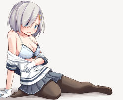 Rule 34 | 1girl, arm support, bare shoulders, black pantyhose, blouse, blue eyes, bra, breasts, cleavage, collarbone, gloves, grey skirt, hair ornament, hair over one eye, hairclip, hamakaze (kancolle), kakizaki (chou neji), kantai collection, large breasts, looking at viewer, medium breasts, open mouth, pantyhose, pleated skirt, school uniform, serafuku, shirt, short hair, short sleeves, silver hair, sitting, skirt, solo, unbuttoned, unbuttoned shirt, underwear, white bra, white gloves, white shirt