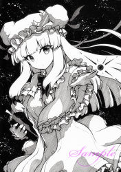 Rule 34 | 1girl, bad id, bad pixiv id, book, bow, bowtie, capelet, cowboy shot, crescent, crescent pin, dress, greyscale, hair bow, hat, holding, holding book, long hair, long sleeves, looking at viewer, mob cap, monochrome, patchouli knowledge, qqqrinkappp, sample watermark, sidelocks, solo, touhou, traditional media, watermark, wide sleeves