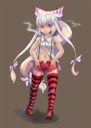 Rule 34 | 1girl, bad anatomy, bad proportions, bow, cameltoe, cigarette, dress shirt, female focus, fujiwara no mokou, hair ribbon, highres, long hair, poorly drawn, red eyes, red thighhighs, rekise, ribbon, shirt, silver hair, simple background, smoke, smoking, solo, striped clothes, striped thighhighs, suspenders, thighhighs, touhou