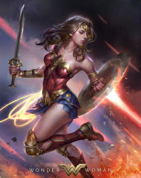 Rule 34 | 1girl, alternate hair color, armor, bare shoulders, character name, circlet, dc comics, emblem, forehead protector, jeremy chong, lasso, lasso of truth, pteruges, running, shield, solo, strapless, sword, vambraces, weapon, wonder woman, wonder woman (series)