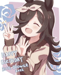 Rule 34 | 1girl, 2022, :d, ^ ^, black hair, black ribbon, brown dress, brown ribbon, character name, closed eyes, commentary request, dress, finger counting, floral background, hair over one eye, hair ribbon, hands up, happy birthday, highres, long sleeves, neck ribbon, open mouth, puffy long sleeves, puffy sleeves, purple background, ribbon, rice shower (umamusume), rose background, smile, solo, sunanuko (ramuneko), two-tone background, umamusume, white background