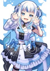 Rule 34 | 1girl, absurdres, asymmetrical legwear, asymmetrical sleeves, blue eyes, blue hair, blunt bangs, blush, bow, claw pose, cleavage cutout, clothing cutout, crop top, fins, fish tail, frilled skirt, frills, gawr gura, hair bow, highres, hololive, hololive english, hololive idol uniform (bright), layered skirt, long sleeves, looking at viewer, medium hair, multicolored hair, nail polish, necktie, open mouth, shark girl, shark tail, sharp teeth, short necktie, short twintails, single leg pantyhose, skirt, smile, solo, streaked hair, tail, teeth, thigh strap, tsumurimai, twintails, two side up, v-shaped eyebrows, virtual youtuber, white hair, wrist cuffs