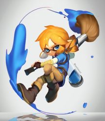 Rule 34 | 1boy, :|, arm guards, artist name, belt, black gloves, blue eyes, boots, brown footwear, brown pants, closed mouth, cosplay, earrings, fingerless gloves, full body, furrowed brow, gloves, grey background, holding, holding weapon, ink, ink tank (splatoon), inkling, inkling boy, inkling player character, jewelry, jumping, knee boots, link, link (cosplay), looking at viewer, male focus, mimme (haenakk7), nintendo, orange hair, paintbrush, pants, pointy ears, reflection, simple background, splatoon (series), splatoon 2, tentacle hair, the legend of zelda, the legend of zelda: breath of the wild, thick eyebrows, tunic, twitter username, v-shaped eyebrows, weapon