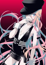 Rule 34 | 1girl, bare shoulders, black dress, black hat, black thighhighs, blue eyes, braid, breasts, choker, commentary, dress, dutch angle, gradient background, hat, highres, ia (vocaloid), kuroda bb, long hair, looking at viewer, orange hair, original, peaked cap, pink hair, short dress, sleeveless, sleeveless dress, small breasts, solo, thigh strap, thighhighs, tight clothes, tight dress, very long hair, vocaloid, wrist cuffs