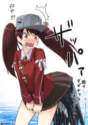 Rule 34 | 10s, 1girl, ^^^, abyssal ship, blush, brown eyes, brown hair, brown skirt, clothes lift, i-class destroyer, japanese clothes, kantai collection, kariginu, magatama, nueco, partially submerged, pleated skirt, ryuujou (kancolle), skirt, skirt lift, skirt tug, surprised, translation request, twintails, twitter username, visor cap, wavy mouth
