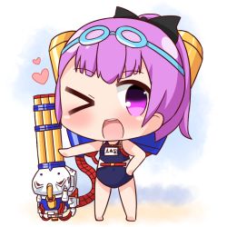 Rule 34 | &gt; o, 1girl, ;d, bare arms, bare legs, bare shoulders, barefoot, black bow, blue one-piece swimsuit, blush, bow, chibi, commentary request, fate/grand order, fate (series), full body, gatling gun, goggles, goggles on head, hair bow, hana kazari, hand on own hip, heart, helena blavatsky (fate), helena blavatsky (swimsuit archer) (fate), helena blavatsky (swimsuit archer) (first ascension) (fate), high ponytail, looking at viewer, one-piece swimsuit, one eye closed, open mouth, outstretched arm, ponytail, purple eyes, purple hair, smile, solo, standing, swimsuit, teeth, upper teeth only