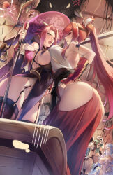Rule 34 | 4girls, aged up, alternate costume, anger vein, arm tattoo, armor, arrancar, ass, azura (fire emblem), backless outfit, bare shoulders, bikini, bikini armor, black bikini, black dress, black gloves, black thighhighs, bleach, blue hair, breast press, breasts, bridal gauntlets, brown eyes, carrying over shoulder, center opening, character request, cleavage, commentary, covered navel, cowboy shot, crossover, dress, english commentary, erza scarlet, face-to-face, facial mark, fairy, fairy tail, fire emblem, fire emblem fates, fur-trimmed legwear, fur trim, gainoob, garter straps, gloves, green eyes, green hair, groin, hair between eyes, hakama, hakama skirt, hand on own hip, hat, highres, hip vent, holding, holding staff, holding sword, holding weapon, indoors, izayoi aki, japanese armor, japanese clothes, jewelry, kote, large breasts, long hair, making-of available, mini person, minigirl, mismatched bikini, mouth veil, multiple crossover, multiple girls, navel, nelliel tu odelschwanck, nintendo, open mouth, parted bangs, pelvic curtain, pointy ears, ponytail, red eyes, red hair, sarashi, short hair, sideboob, sidelocks, signature, skindentation, skirt, skull, skull on head, sleeveless, sleeveless dress, staff, standing, stomach, swimsuit, sword, symmetrical docking, tattoo, teeth, thighhighs, treasure chest, underboob, upper teeth only, veil, very long hair, weapon, white bikini, white dress, witch hat, wrist cuffs, yellow eyes, yu-gi-oh!, yu-gi-oh! 5d&#039;s