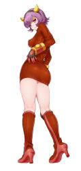 Rule 34 | 10s, 1girl, ass, blush, boots, breasts, courtney (pokemon), courtney (pokemon oras), covered erect nipples, creatures (company), fake horns, full body, game freak, gloves, high heel boots, high heels, highres, hizuki akira, horns, kneepits, looking at viewer, nintendo, pokemon, pokemon oras, purple eyes, purple hair, ribbed sweater, short hair, simple background, solo, sweater, team magma, white background