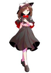 Rule 34 | 1girl, alphes (style), arm behind back, black capelet, black footwear, black hat, black skirt, book, bow, bowtie, brown hair, capelet, closed mouth, crossed legs, dairi, eyebrows, eyes visible through hair, full body, hair between eyes, hat, hat bow, highres, holding, holding book, loafers, long hair, long skirt, long sleeves, orange eyes, parody, red bow, red bowtie, shirt, shoes, skirt, smile, socks, solo, standing, style parody, touhou, transparent background, usami renko, watson cross, white bow, white shirt, white socks