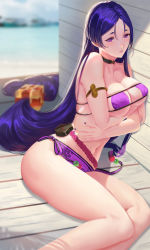 Rule 34 | 1girl, armlet, arms under breasts, bare shoulders, bikini, blush, breasts, choker, cleavage, collarbone, eyepatch bikini, fate/grand order, fate (series), highres, large breasts, long hair, looking at viewer, low-tied long hair, minamoto no raikou (fate), minamoto no raikou (fate/grand order), minamoto no raikou (swimsuit lancer) (fate), navel, parted bangs, parted lips, pouch, purple bikini, purple eyes, purple hair, rope, sansan (dongfangzhong111), sitting, solo, swimsuit, thighs, very long hair