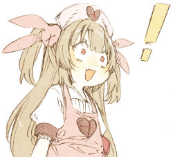 Rule 34 | !, 1girl, abara heiki, apron, fang, hair ornament, hat, long hair, natori sana, nurse cap, open mouth, pink apron, pink hat, puffy short sleeves, puffy sleeves, rabbit hair ornament, red eyes, sana channel, short sleeves, solo, surprised, two side up, virtual youtuber, white background, wide-eyed