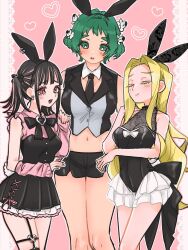 3girls animal_ears artist_request black_hair blonde_hair blush closed_eyes colored_eyelashes fake_animal_ears female_focus green_eyes green_hair hairband highres kimi_no_koto_ga_dai_dai_dai_dai_daisuki_na_100-nin_no_kanojo matching_hair/eyes multiple_girls navel nontraditional_playboy_bunny rabbit_ears red_eyes usami_shiina utsukushisugi_mimimi yasashiki_yamame