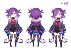 Rule 34 | 1girl, bad id, bad pixiv id, boots, breasts, closed mouth, dress, hachihito, hair ornament, hairclip, multiple views, official art, original, purple eyes, purple hair, ribbon, short hair, skirt, small breasts, virtual youtuber