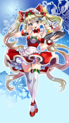 Rule 34 | 1girl, absurdres, alternate color, alternate eye color, alternate hair color, blonde hair, blue eyes, breasts, candy, candy cane, chushengdao, cleavage, food, highres, ice cream, kaku-san-sei million arthur, long hair, maid, maid headdress, medium breasts, million arthur (series), pinky out, snowflake background, snowflakes, snowman, solo, thighhighs, tray, twintails, very long hair, white thighhighs