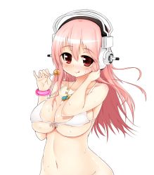 Rule 34 | 1girl, bikini, bikini top only, blush, bottomless, breasts, candy, cleavage, food, hand in own hair, headphones, highres, large breasts, licking lips, lollipop, long hair, looking at viewer, navel, nitroplus, pink hair, red eyes, smile, solo, super sonico, sweat, swimsuit, tongue, tongue out, white bikini, yuna (spn28u79)