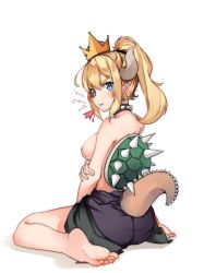 Rule 34 | 1girl, absurdres, ass, barefoot, black dress, blonde hair, blue eyes, bowsette, breasts, breath weapon, breathing fire, clenched teeth, clothes pull, collar, crown, dress, dress pull, fire, from behind, highres, horns, long hair, looking at viewer, looking back, mario (series), medium breasts, new super mario bros. u deluxe, nintendo, nipples, ponytail, sharp teeth, sitting, small rabbit, solo, spiked collar, spiked shell, spiked tail, spikes, super crown, tail, teeth, topless, turtle shell, wariza