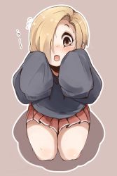 Rule 34 | 1girl, absurdres, aki (sangetusei), blonde hair, blush, brown background, brown eyes, commentary request, dot nose, ear piercing, from above, hair over one eye, highres, idolmaster, idolmaster cinderella girls, kneeling, long sleeves, looking at viewer, medium hair, open mouth, outline, piercing, shirasaka koume, simple background, skirt, sleeves past fingers, sleeves past wrists, solo, tareme, thick thighs, thighs, white outline