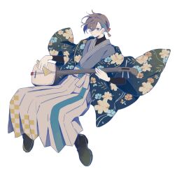 Rule 34 | 1other, androgynous, bachi, black footwear, black jacket, black shirt, blue eyes, blue hair, boots, brown hair, closed mouth, floral print, flower, full body, grey hakama, grey kimono, hair between eyes, hair flower, hair ornament, hair pulled back, hakama, haori, highres, holding, holding instrument, holding plectrum, indie virtual youtuber, instrument, invisible chair, itsuki tsukasa, jacket, japanese clothes, kanzashi, kimono, looking at viewer, multicolored hair, official art, open clothes, open jacket, other focus, plectrum, shamisen, shirt, sideways glance, simple background, single sidelock, sitting, smile, solo, streaked hair, tassel, tassel hair ornament, turtleneck, virtual youtuber, white background, yubetoup