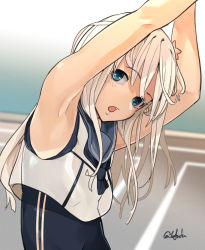 Rule 34 | 1girl, :o, arms up, blonde hair, blue eyes, blue sailor collar, flower, fuwafuwatoufu, hair flower, hair ornament, kantai collection, long hair, one-hour drawing challenge, parted lips, pink flower, ro-500 (kancolle), sailor collar, sleeveless, solo, swimsuit, swimsuit under clothes, tan, tanline, twitter username