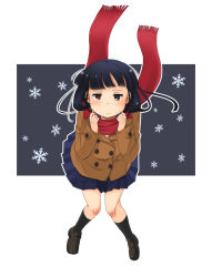 Rule 34 | 10s, 1girl, blunt bangs, coat, falling, hatsuka, hatsuyuki (kancolle), kantai collection, long hair, looking at viewer, red scarf, scarf, school uniform, skirt, snowflakes, solo