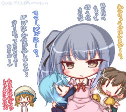Rule 34 | 4girls, :d, aged down, animal, apron, arm grab, beret, blue hair, blue shirt, blue skirt, blush, blush stickers, bow, bowtie, brown eyes, brown hair, cat, collared shirt, dated, error musume, eye contact, green skirt, hair between eyes, hat, hiryuu (kancolle), japanese clothes, kantai collection, kasumi (kancolle), kimono, komakoma (magicaltale), light brown hair, long hair, long sleeves, looking at another, low twintails, minazuki (kancolle), multiple girls, one side up, open mouth, parted lips, pink apron, red neckwear, remodel (kantai collection), school uniform, serafuku, shirt, short kimono, side ponytail, silver hair, skirt, smile, translation request, twintails, twitter username, white background, white hat, white shirt, yellow kimono, | |, || ||